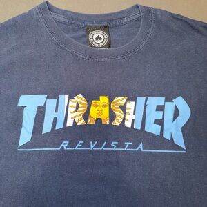 Thrasher Navy Tee with Light Blue Logo and Yellow Sun